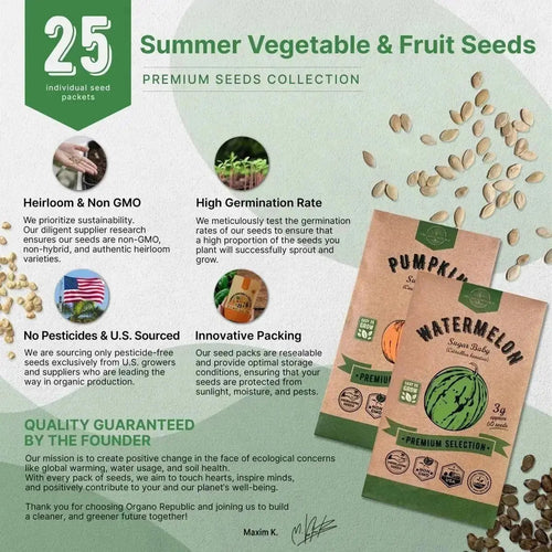 25 Summer Fruit & Vegetable Seeds Variety Pack - 1800+ Non GMO Heirloom Seeds in Bulk Individual Seed Packets, Rare Vegetable Garden Seeds. - Organo Republic