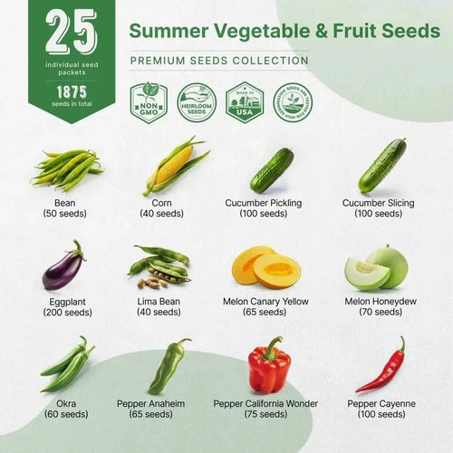 25 Summer Fruit & Vegetable Seeds Variety Pack - 1800+ Non GMO Heirloom Seeds in Bulk Individual Seed Packets, Rare Vegetable Garden Seeds. - Organo Republic