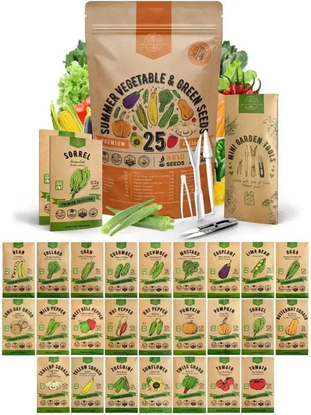 25 Summer Greens & Vegetable Seeds - 6500+ Non GMO Heirloom Seeds for Planting Vegetable in Bulk Individual Seed Packets, Rare Garden Seeds - Organo Republic