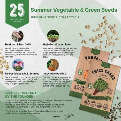 25 Summer Greens & Vegetable Seeds - 6500+ Non GMO Heirloom Seeds for Planting Vegetable in Bulk Individual Seed Packets, Rare Garden Seeds - Organo Republic