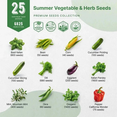 25 Summer Vegetable & Herb Garden Seeds Variety Pack for Planting Outdoors and Indoor - Organo Republic