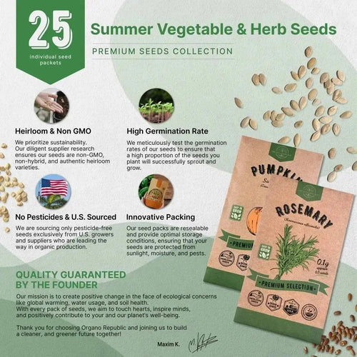 25 Summer Vegetable & Herb Garden Seeds Variety Pack for Planting Outdoors and Indoor - Organo Republic