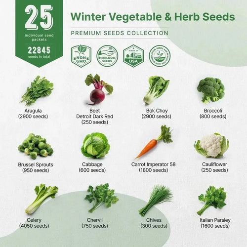 25 Winter Vegetable & Herb Seeds - 22,800+ Garden Non GMO Heirloom Seeds for Planting Vegetables in Bulk Individual Seed Packets, Garden Gift. - Organo Republic