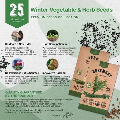 25 Winter Vegetable & Herb Seeds - 22,800+ Garden Non GMO Heirloom Seeds for Planting Vegetables in Bulk Individual Seed Packets, Garden Gift. - Organo Republic