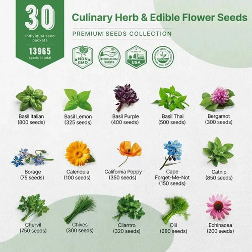30 Culinary Herbs & Edible Flower Seeds Variety Pack for Planting Indoor & Outdoors. - Organo Republic