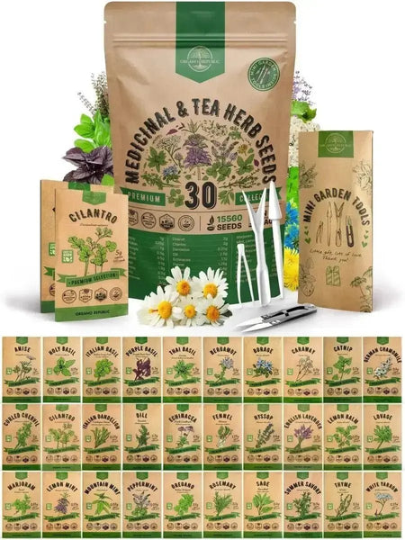 30 Herb Seeds - Medicinal & Tea Variety Pack 15,500+ Non GMO Heirloom Seeds for Planting Herbs in Bulk Individual Seed Packets Garden Gifts - Organo Republic