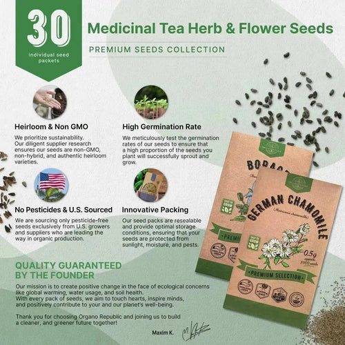 30 Medicinal Tea Herb & Flower Seeds Variety Pack for Planting Indoor & Outdoors - Organo Republic