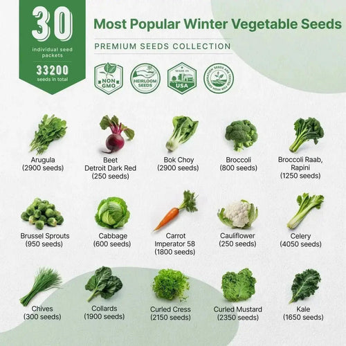 30 Winter Vegetable Seeds Variety Pack - 33,200+ Non GMO Heirloom Seeds for Planting - Organo Republic
