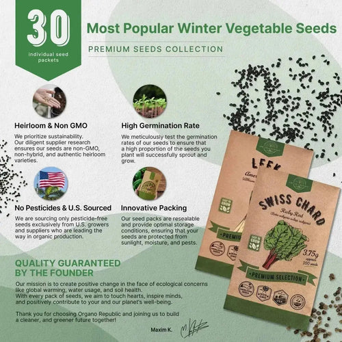 30 Winter Vegetable Seeds Variety Pack - 33,200+ Non GMO Heirloom Seeds for Planting - Organo Republic