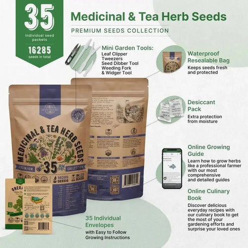 35 Medicinal & Tea Herb Seeds Variety Pack for Planting Indoor & Outdoors. 16,200+ Non - GMO Heirloom Herbal Garden Seeds: Anise, Bergamot, Borage, Cilantro, Chamomile, Dandelion, Rosemary Seeds & More - Organo Republic