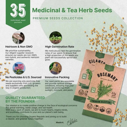 35 Medicinal & Tea Herb Seeds Variety Pack for Planting Indoor & Outdoors. 16,200+ Non - GMO Heirloom Herbal Garden Seeds: Anise, Bergamot, Borage, Cilantro, Chamomile, Dandelion, Rosemary Seeds & More - Organo Republic