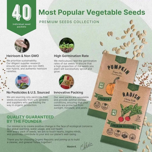 40 Vegetable Seeds Variety Pack - 26,000+ Non GMO Heirloom Seeds for Planting - Organo Republic