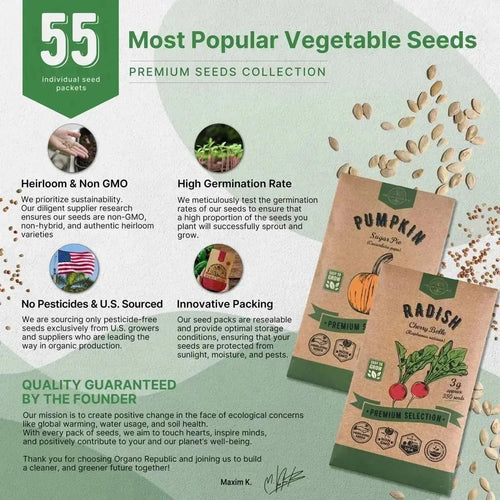 55 Vegetable Seeds Variety Pack - 35,600 Non - GMO Heirloom Seeds for Planting Vegetables and Fruits - Organo Republic