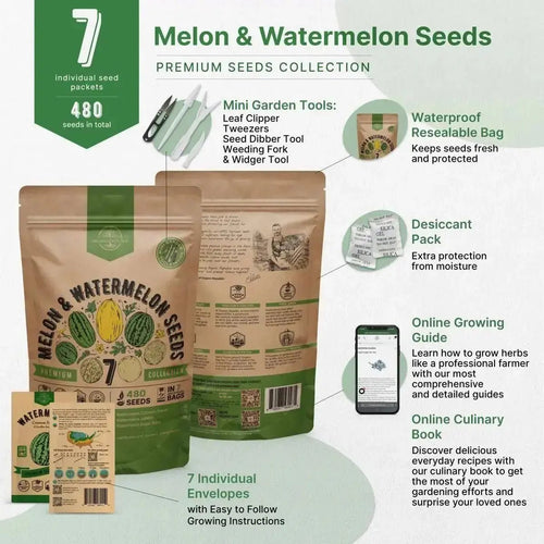 7 Melon & Watermelon Seeds Variety Pack 480+ Non - GMO Heirloom Fruit Seeds for Planting - Organo Republic
