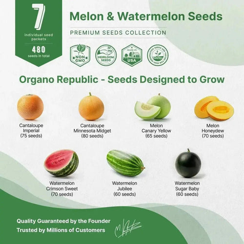 7 Melon & Watermelon Seeds Variety Pack 480+ Non - GMO Heirloom Fruit Seeds for Planting - Organo Republic