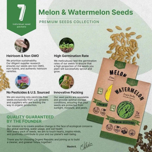 7 Melon & Watermelon Seeds Variety Pack 480+ Non - GMO Heirloom Fruit Seeds for Planting - Organo Republic