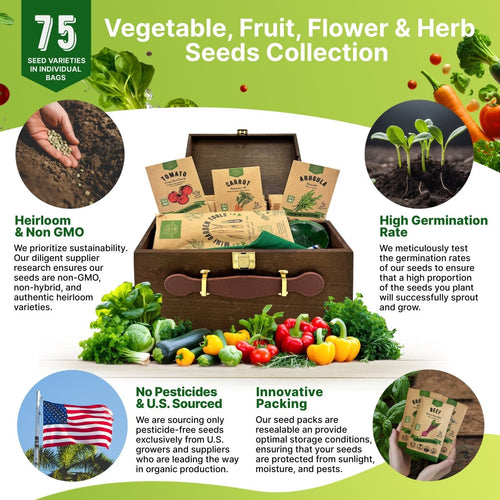 75 Herb & Vegetable Seeds Variety Pack, Garden Seed Starter Kit - Over 47,380 Non - GMO Heirloom Seeds for Planting Vegetables and Herbs Garden Seeds Gift Seed Box with Gardening Supplies, Survival Kit - Organo Republic