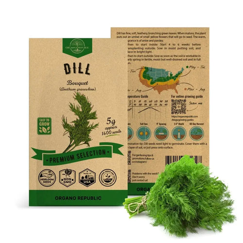 Dill Bouquet Seeds Pack 5 G - Over 1,400 Non-GMO Heirloom Dill Seeds for Planting Herbs in Individual Seed Packet, Herbs Seeds for Planting Home Garden Indoor & Outdoor Gardening - Organo Republic