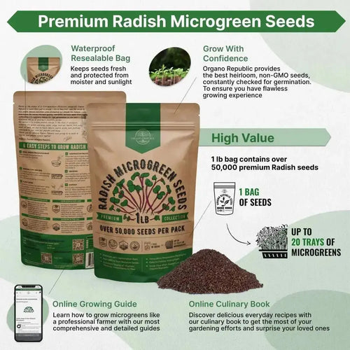 Organo Republic Radish Sprouting & Microgreen Seeds - Non - GMO, Heirloom Sprout Seeds Kit, 1lb Resealable Bag for & Growing Microgreens in Soil, Coconut Coir, Aerogarden & Hydroponic System. - Organo Republic