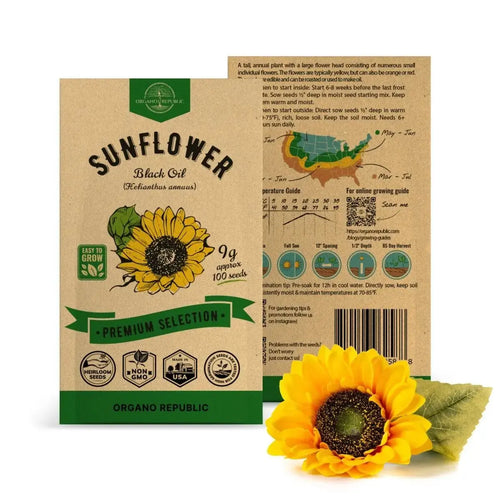 Sunflower Black Oil Seeds Pack 9G - Over 100 of Non-GMO Heirloom Sunflower Seeds for Planting Vegetables in Individual Seed Packet, Vegetable Seeds for Planting Home Garden Indoor & Outdoor Gardening - Organo Republic