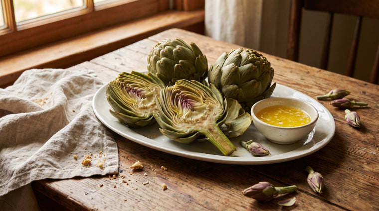 Steamed artichokes with lemon-butter for dipping.