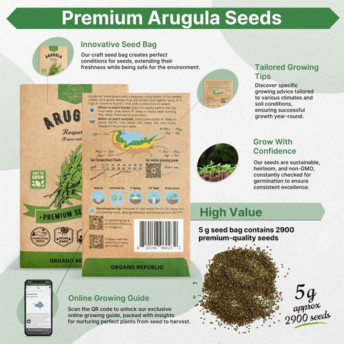 Arugula Roquette Seeds Pack 5G - Over 2900 Non - GMO Heirloom Arugula Seeds for Planting Greens in Individual Seed Packet, Greens Seeds for Planting Home Garden Indoor & Outdoor Gardening - Organo Republic