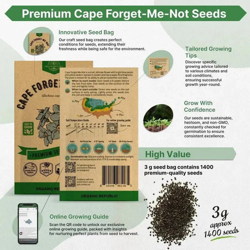 Cape Forget - Me - Not Seeds Pack 3G - Over 1,400 Non - GMO Heirloom Cape Forget - Me - Not Seeds for Planting Flowers in Individual Seed Packet, Flower Seeds for Planting Home Garden Indoor & Outdoor Gardening - Organo Republic