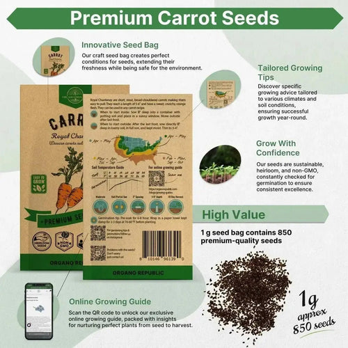 Carrot Royal Chantenay Seeds Pack 1G - Over 850 of Non - GMO Heirloom Carrot Seeds for Planting Vegetables in Individual Seed Packet, Vegetable Seeds for Planting Home Garden Indoor & Outdoor Gardening - Organo Republic