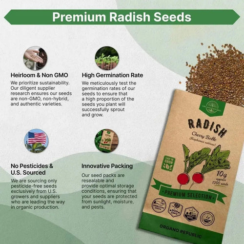 Cherry Belle Radish Seeds Pack 10 G - Over 1200 Non - GMO Heirloom Radish Seeds for Planting Vegetables in Individual Seed Packet, Vegetable Seeds for Planting Home Garden Indoor & Outdoor Gardening - Organo Republic
