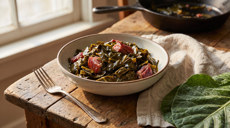 Slow-braised homegrown collard greens, a Southern kitchen staple.
