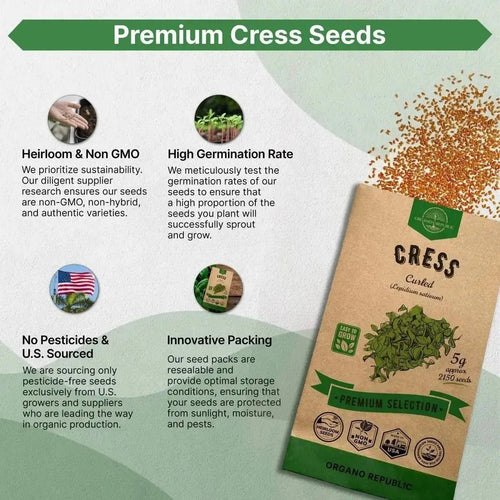 Curled Cress Seeds Pack 5G - Over 2,150 Non - GMO Heirloom Cress Seeds for Planting Greens in Individual Seed Packet, Greens Seeds for Planting Home Garden Indoor & Outdoor Gardening - Organo Republic