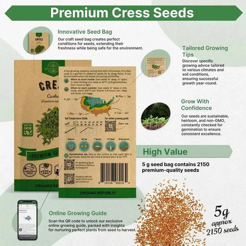 Curled Cress Seeds Pack 5G - Over 2,150 Non - GMO Heirloom Cress Seeds for Planting Greens in Individual Seed Packet, Greens Seeds for Planting Home Garden Indoor & Outdoor Gardening - Organo Republic