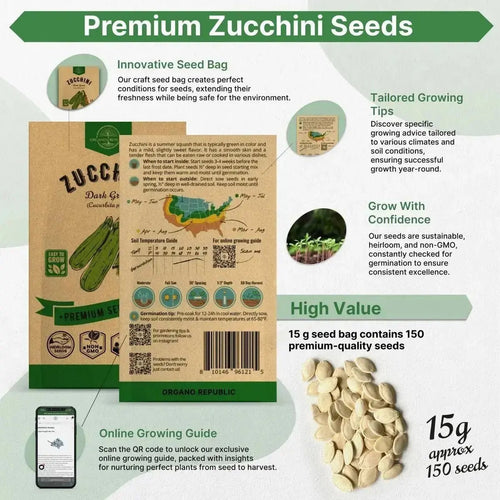Dark Green Zucchini Seeds Pack 15 G - Over 150 Non - GMO Heirloom Zucchini Seeds for Planting Vegetables in Individual Seed Packet, Vegetable Seeds for Planting Home Garden Indoor & Outdoor Gardening - Organo Republic
