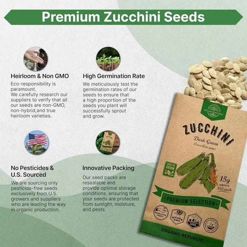 Dark Green Zucchini Seeds Pack 15 G - Over 150 Non - GMO Heirloom Zucchini Seeds for Planting Vegetables in Individual Seed Packet, Vegetable Seeds for Planting Home Garden Indoor & Outdoor Gardening - Organo Republic
