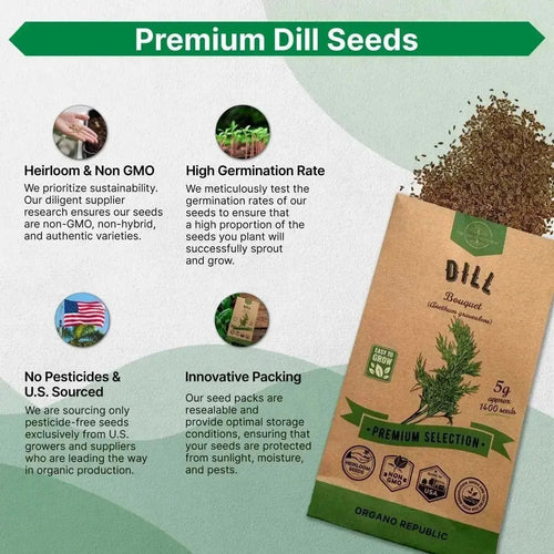 Dill Bouquet Seeds Pack 5 G - Over 1,400 Non - GMO Heirloom Dill Seeds for Planting Herbs in Individual Seed Packet, Herbs Seeds for Planting Home Garden Indoor & Outdoor Gardening - Organo Republic