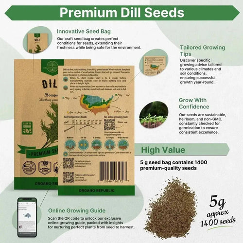 Dill Bouquet Seeds Pack 5 G - Over 1,400 Non - GMO Heirloom Dill Seeds for Planting Herbs in Individual Seed Packet, Herbs Seeds for Planting Home Garden Indoor & Outdoor Gardening - Organo Republic