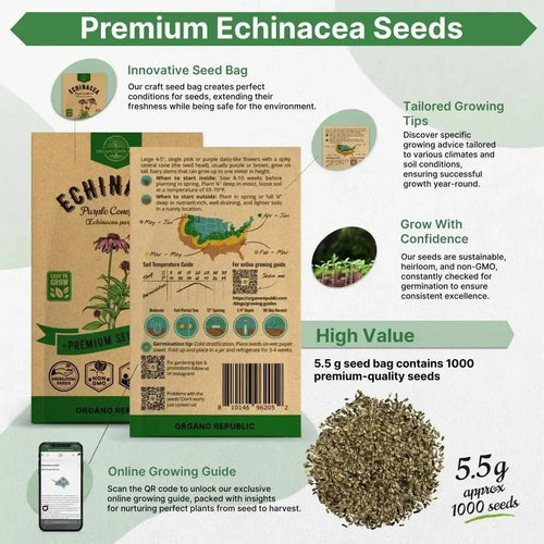 Echinacea Seeds Pack 5.5 G - Over 1000 Non - GMO Heirloom Echinacea Seeds for Planting Herbs in Individual Seed Packet, Herbs Seeds for Planting Home Garden Indoor & Outdoor Gardening - Organo Republic