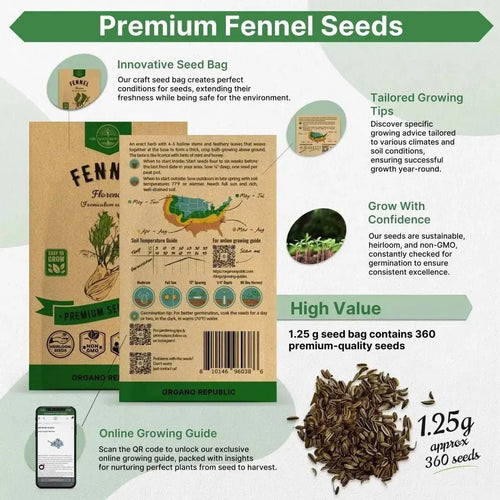 Fennel Florence Seeds Pack 1.25 G - Over 360 Non - GMO Heirloom Fennel Seeds for Planting Herbs in Individual Seed Packet, Herbs Seeds for Planting Home Garden Indoor & Outdoor Gardening - Organo Republic