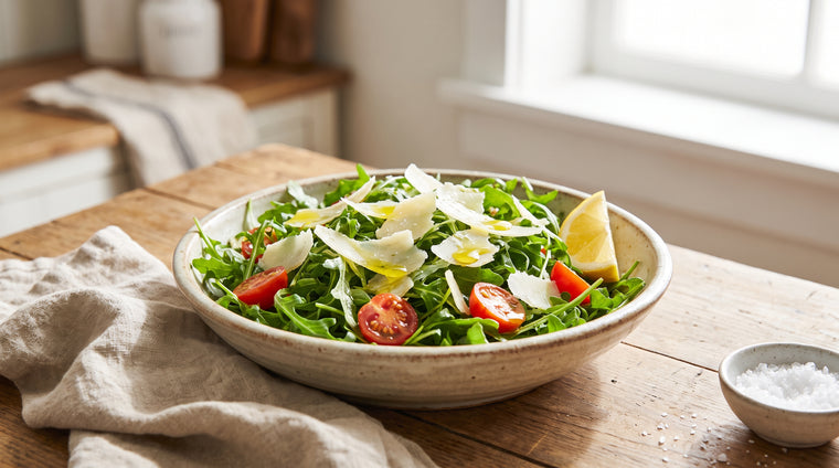 Peppery, fresh-cut arugula, ready for the salad bowl.
