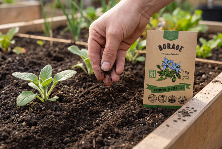 Sow borage seeds about half an inch deep and cover them — the seeds need darkness to sprout.