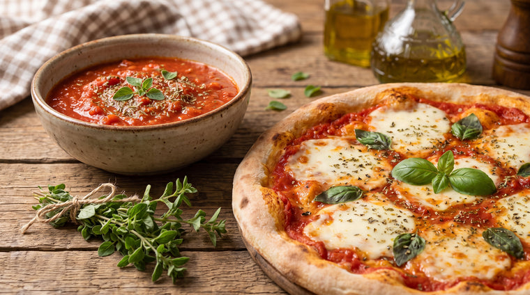 Fresh and dried oregano over homemade pizza and tomato sauce.