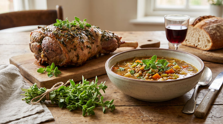 Sweet marjoram seasoning a roast and a bowl of hearty soup.