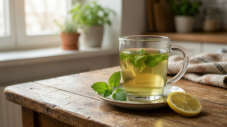 Fresh lemon balm leaves brighten a soothing cup of herbal tea.