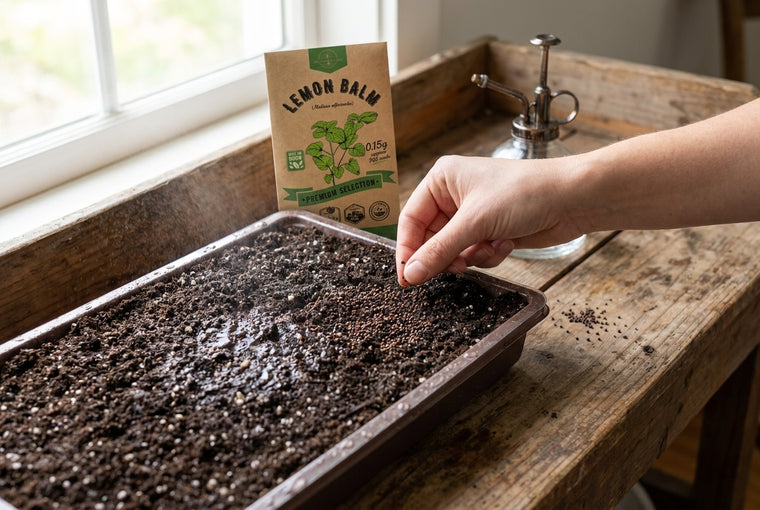 Press lemon balm seeds onto the surface; they need light to sprout.