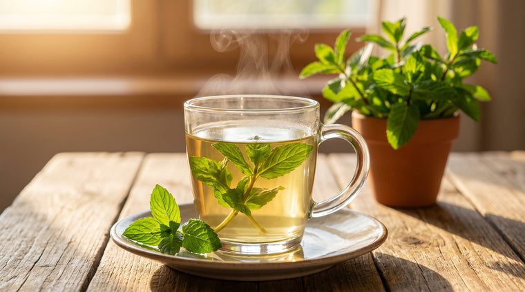 Fresh mint sprigs steeped into a bright, refreshing herbal tea.