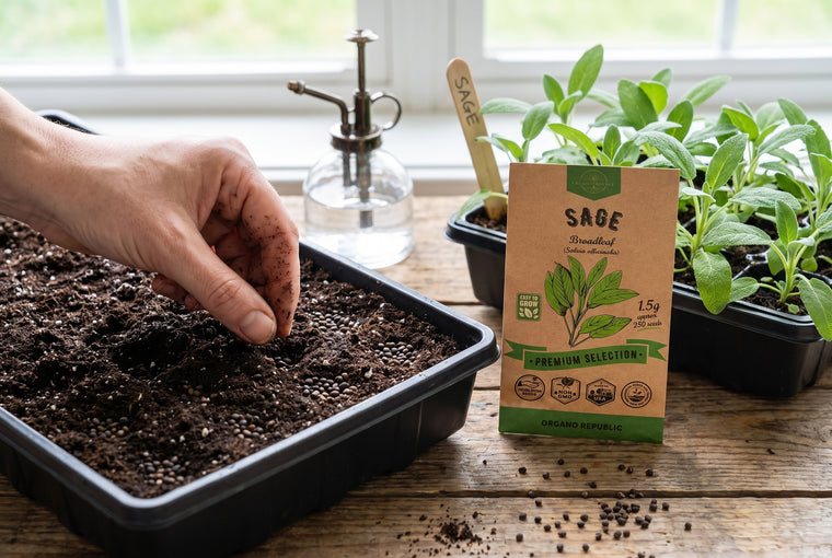 Sow sage seeds about a quarter inch deep and keep the mix warm and moist.