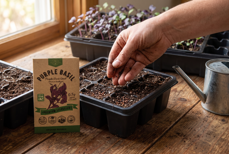 Start purple basil seeds a quarter inch deep in warm, moist mix.