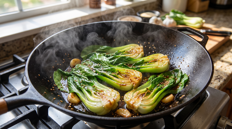 Halved baby bok choy, seared quick in a garlicky wok stir-fry.