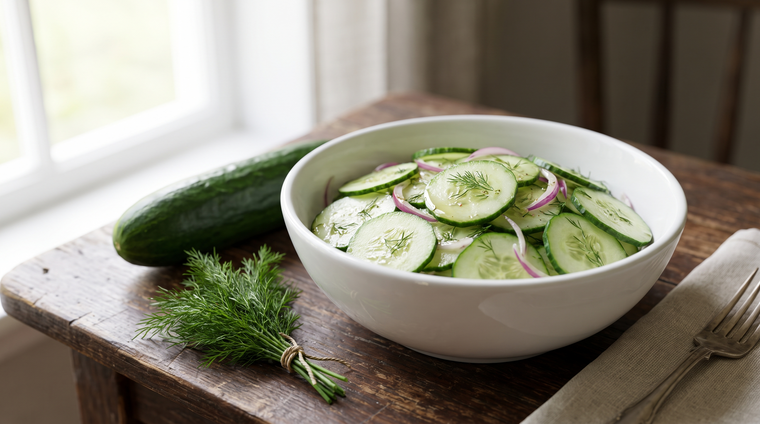 Crisp fresh cucumber, sliced for salad and pickles.