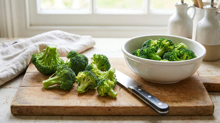 Homegrown broccoli florets, ready to steam or roast.